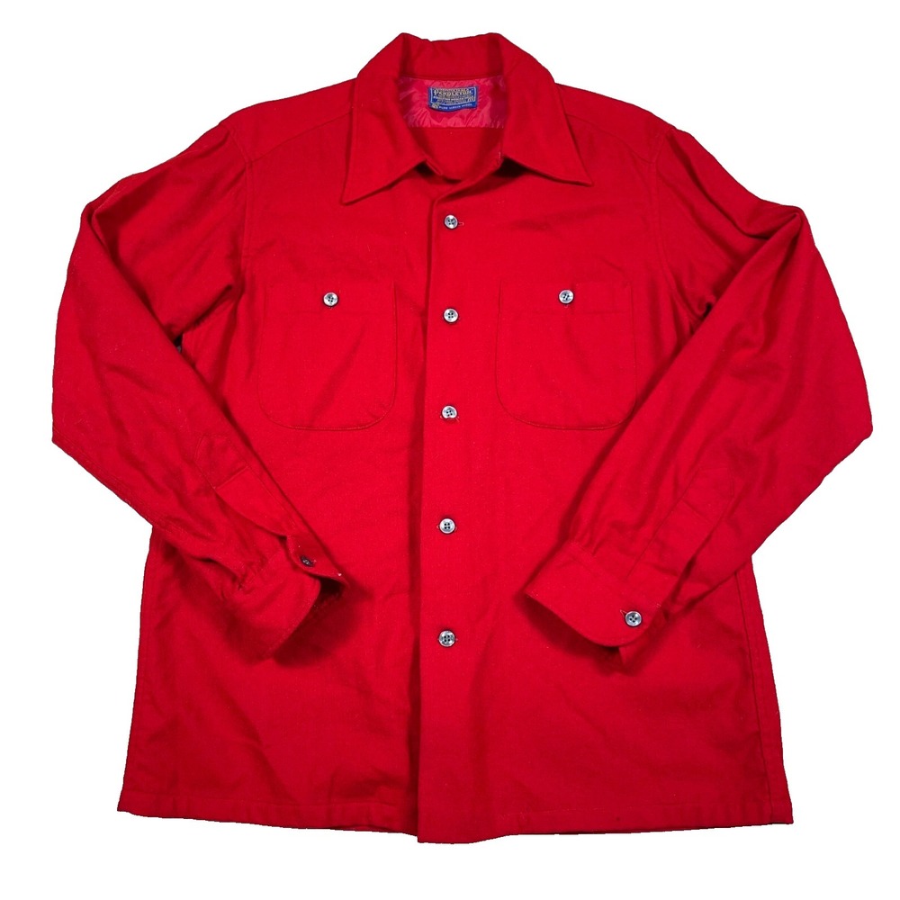 Vintage Pendleton Shirt Men Medium Red Button Up Wool Loop Collar 70s 80s Camp *